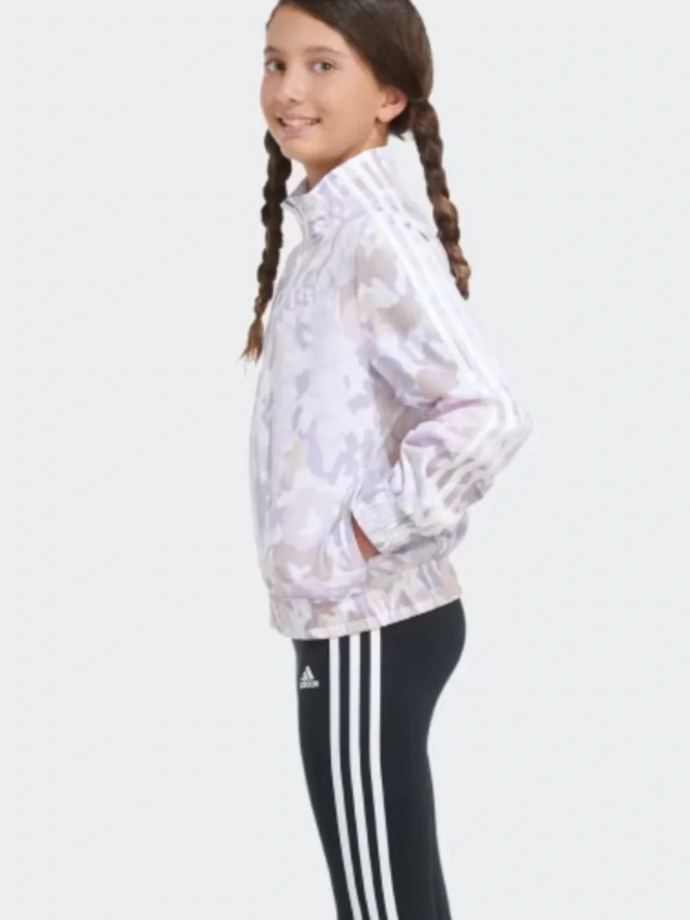 NWT-adidas Girls' Pastel Camo 3-Stripe Tricot Jacket - Lavender/Blush/White